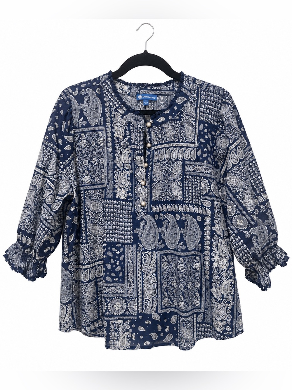 Democracy Navy Bandana Patchwork Paisley Pearl Button Blouse L